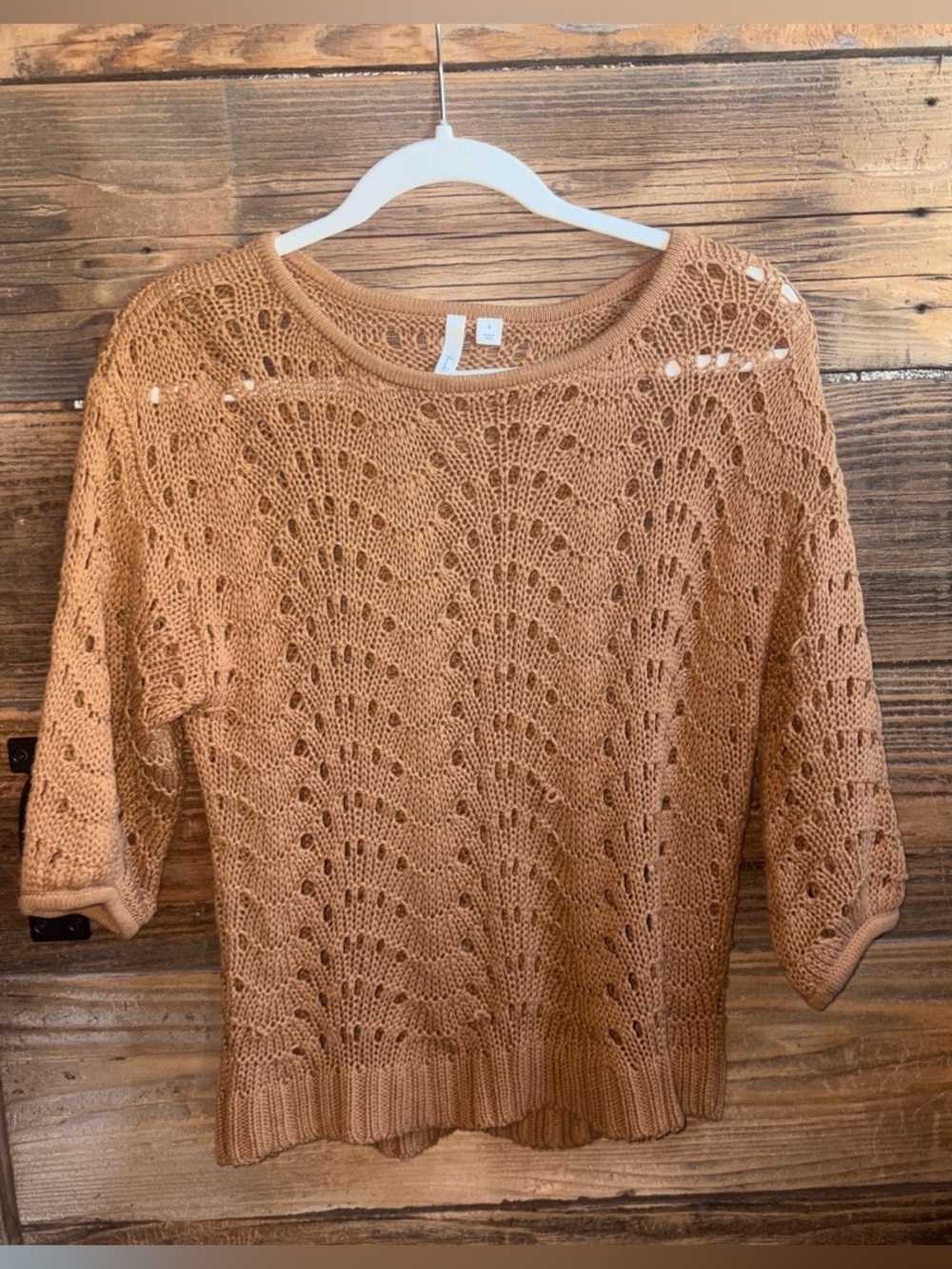Frenchi Open-Knit Scoop Neck Sweater in Camel